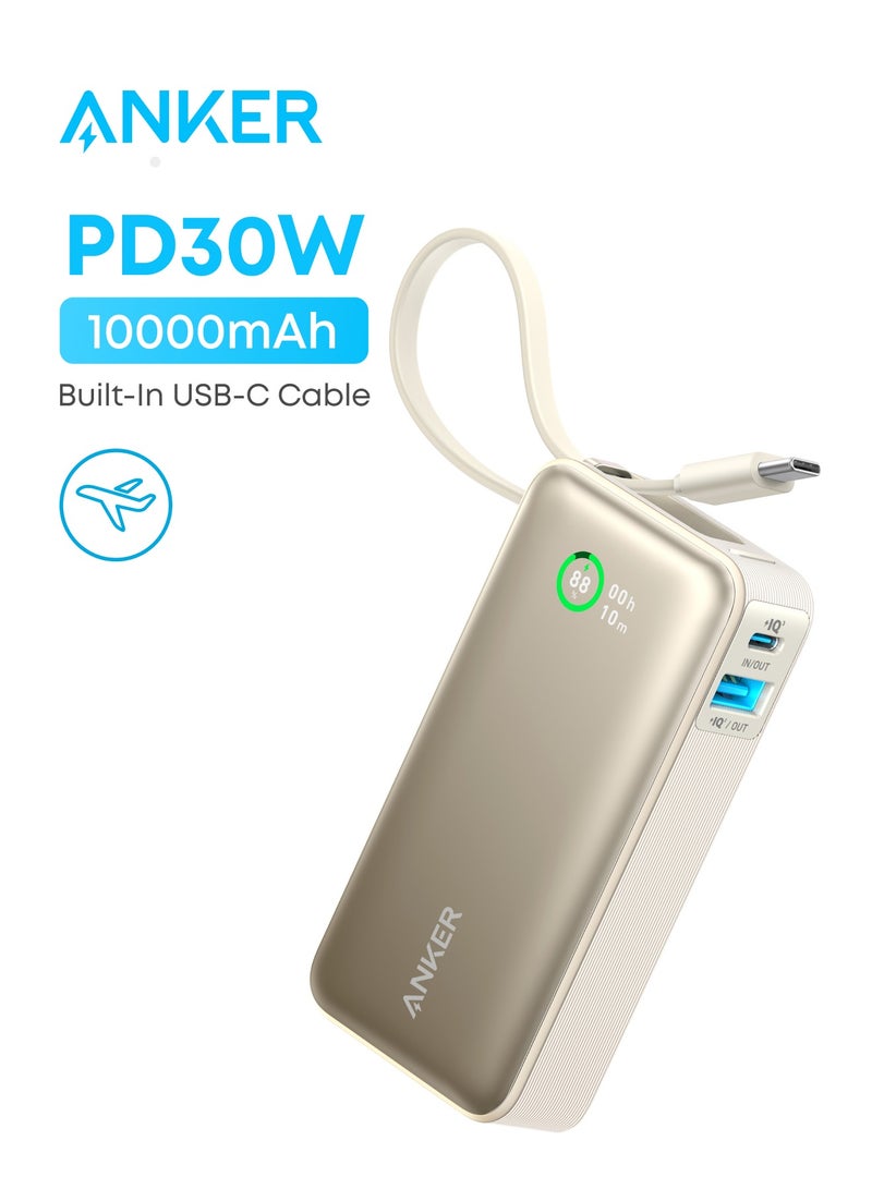 بنك طاقة نانو 10000 مللي أمبير في الساعة، شاحن محمول مع كابل USB-C مدمج، مخرج PD 30 وات مع 1 USB-C، 1 USB-A، حزمة بطارية شحن سريعة لسلسلة iPhone 15/14 وGalaxy وiPad وAirPods والمزيد أبيض - Image 1